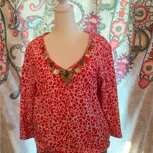 Nwot Ruby Rd. Red and White Patterned Blouse Size Large